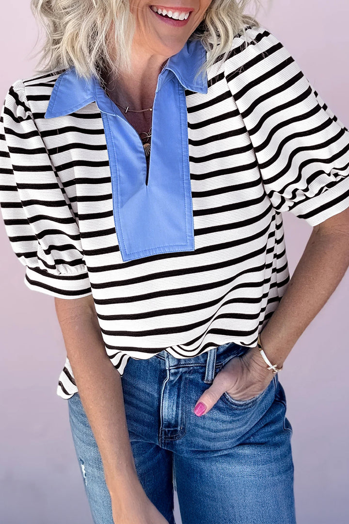 Blue Stripe Short Puff Sleeve Color Block Polo Collar Blouse
