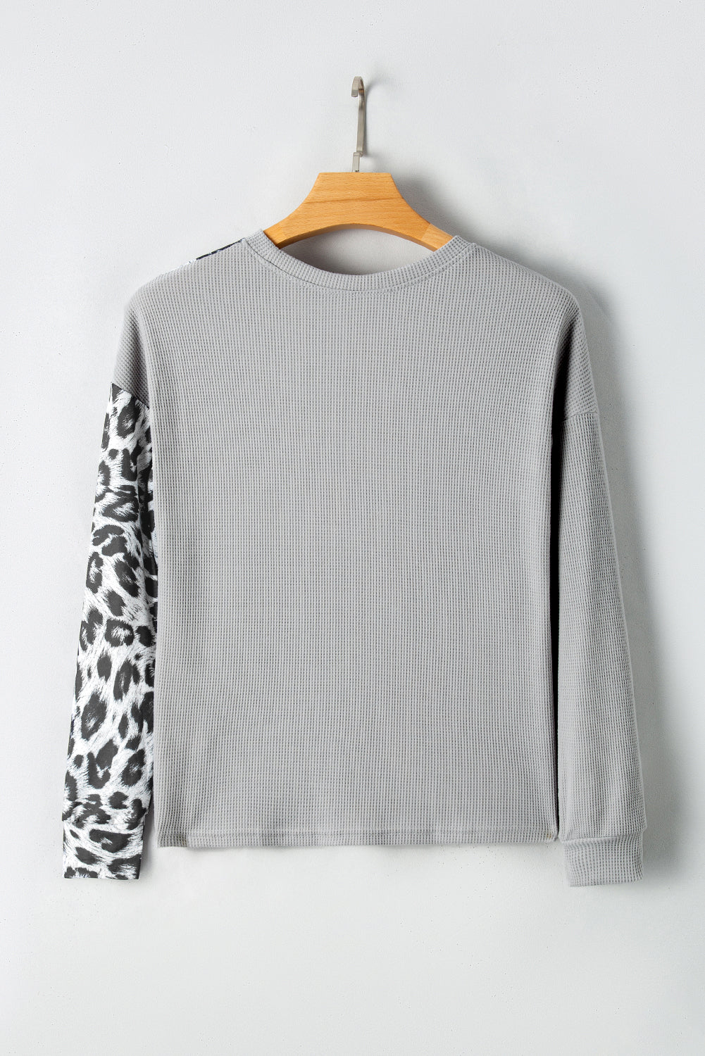 Light Grey Leopard Colorblock Waffle Knit Top