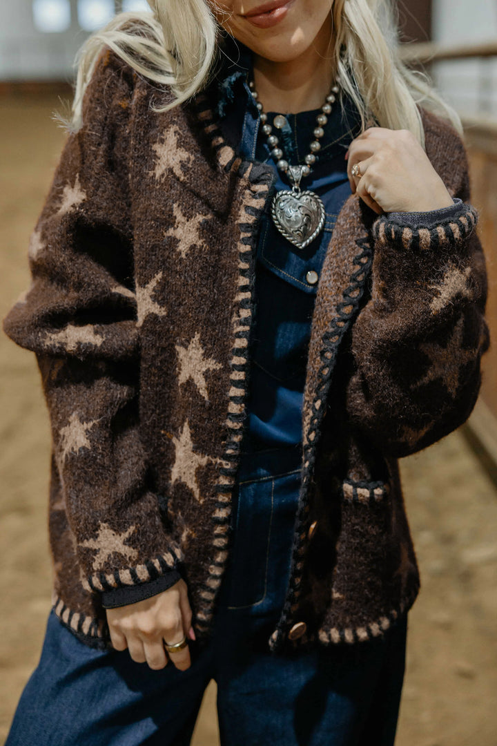 Brown Stars Pattern Colorblock Long Sleeve Shift Cardigan