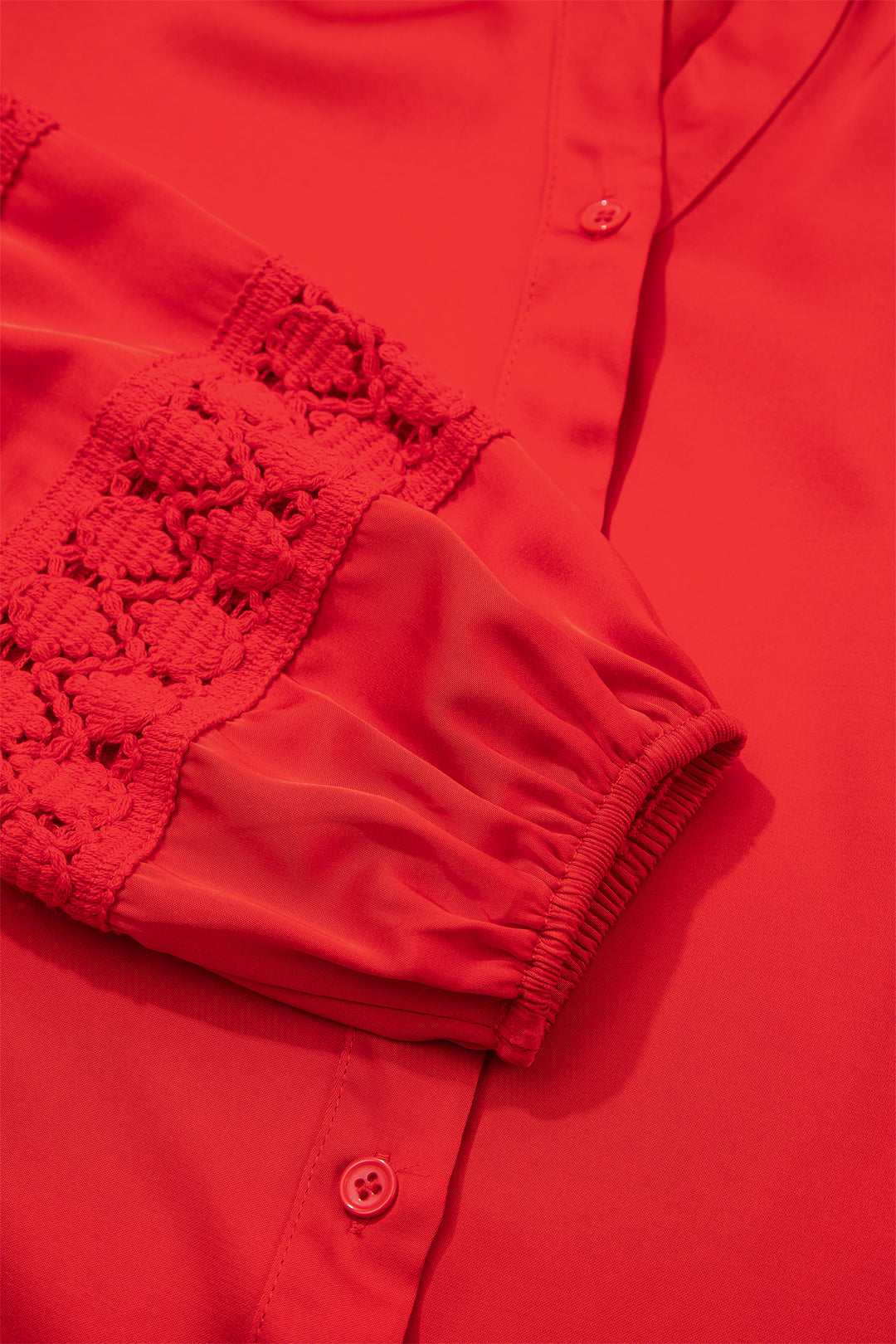 Fiery Red Patchwork Lace Long Sleeve V Neck Button Front Shirt