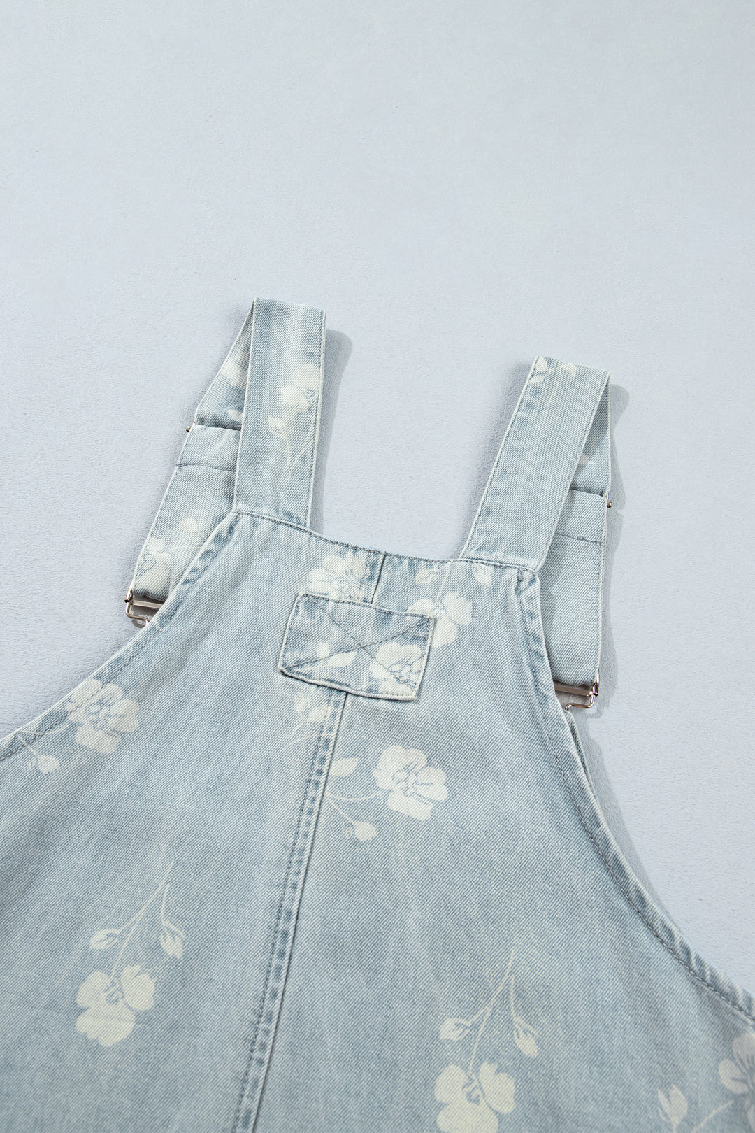 Sky Blue Retro Wash Denim Floral Print Overall Mini Dress