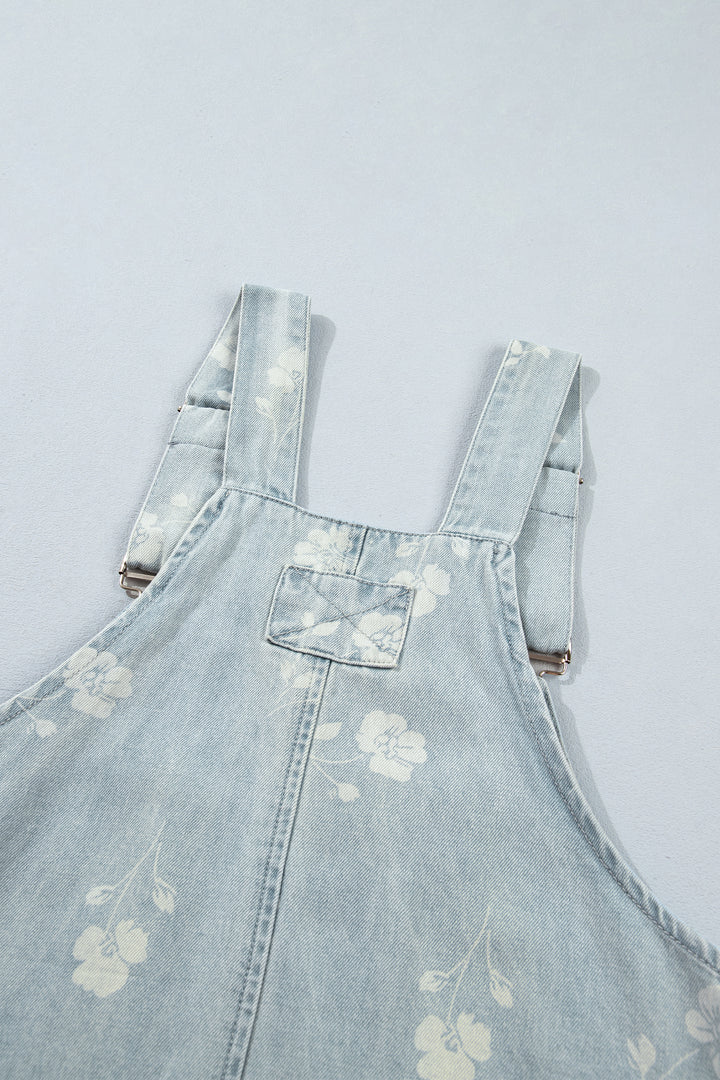 Sky Blue Retro Wash Denim Floral Print Overall Mini Dress