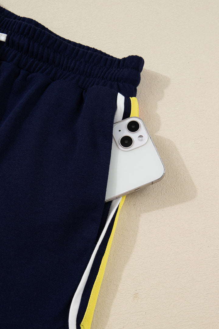 Bluing Colorful Striped Accent Varsity Long Sleeve Pullover and Shorts Matching Set