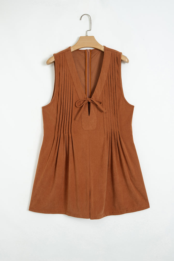 Cinnamon Solid Color Tie V Neck Sleeveless Corduroy Romper