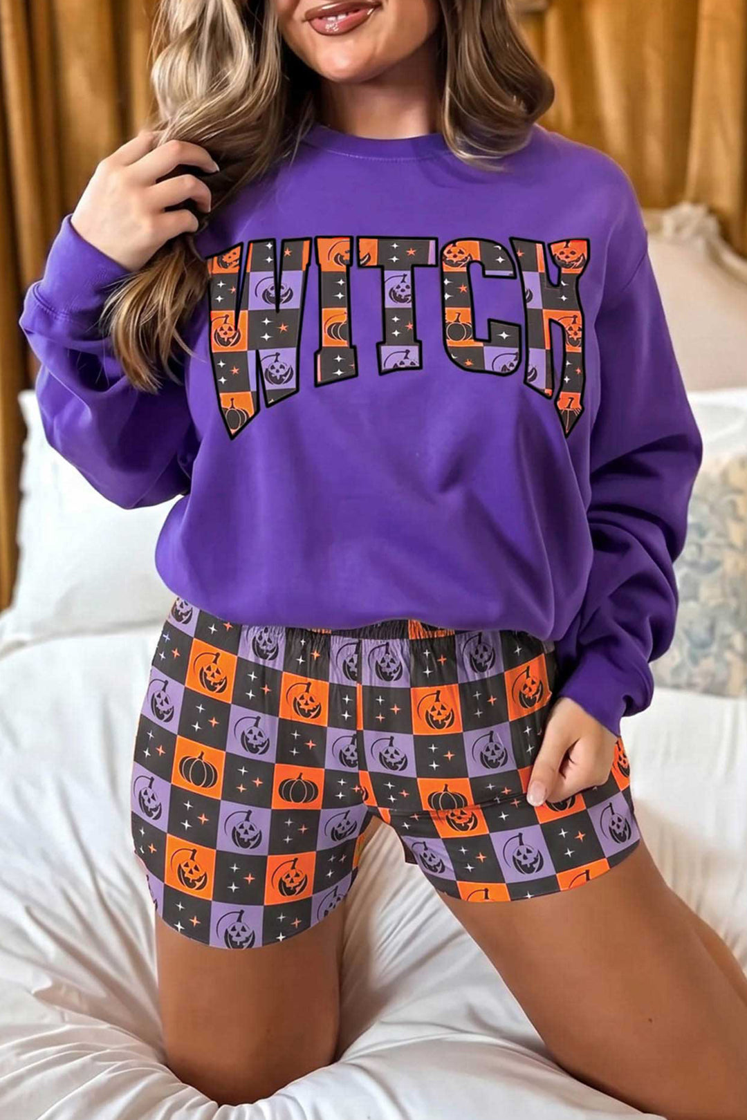 Orange Witch Letter Print Long Sleeve Top Checkered Elastic Waist Shorts Set
