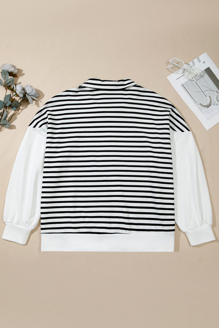White Stripe Striped Colorblock V Neck Long Sleeve Shift Plus Size Blouse