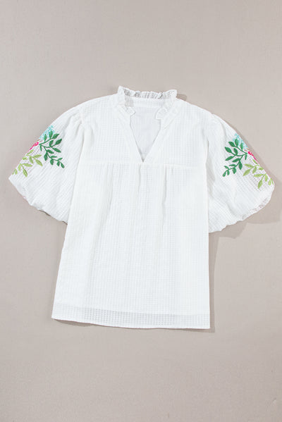 White Floral Embroidered Puff Sleeve Notched Neck Blouse