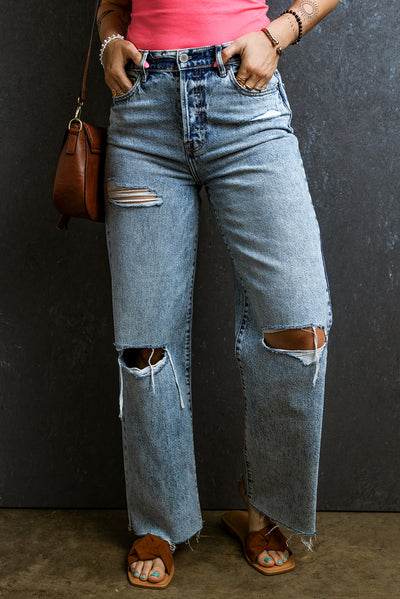 Light Blue Distressed Ripped Raw Hem Straight Jeans