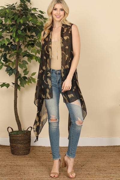 Hdf3083 - Knee Length Camouflage Open Front Kimono Vest