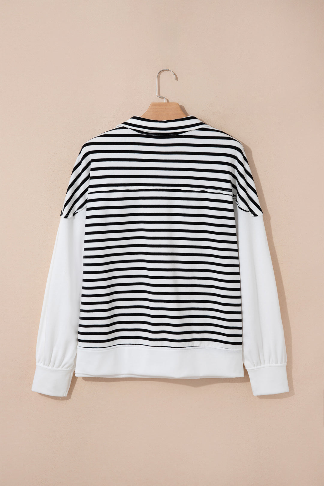 White Stripe Color Block Long Puff Sleeve Metal Zip-Up Collar Top