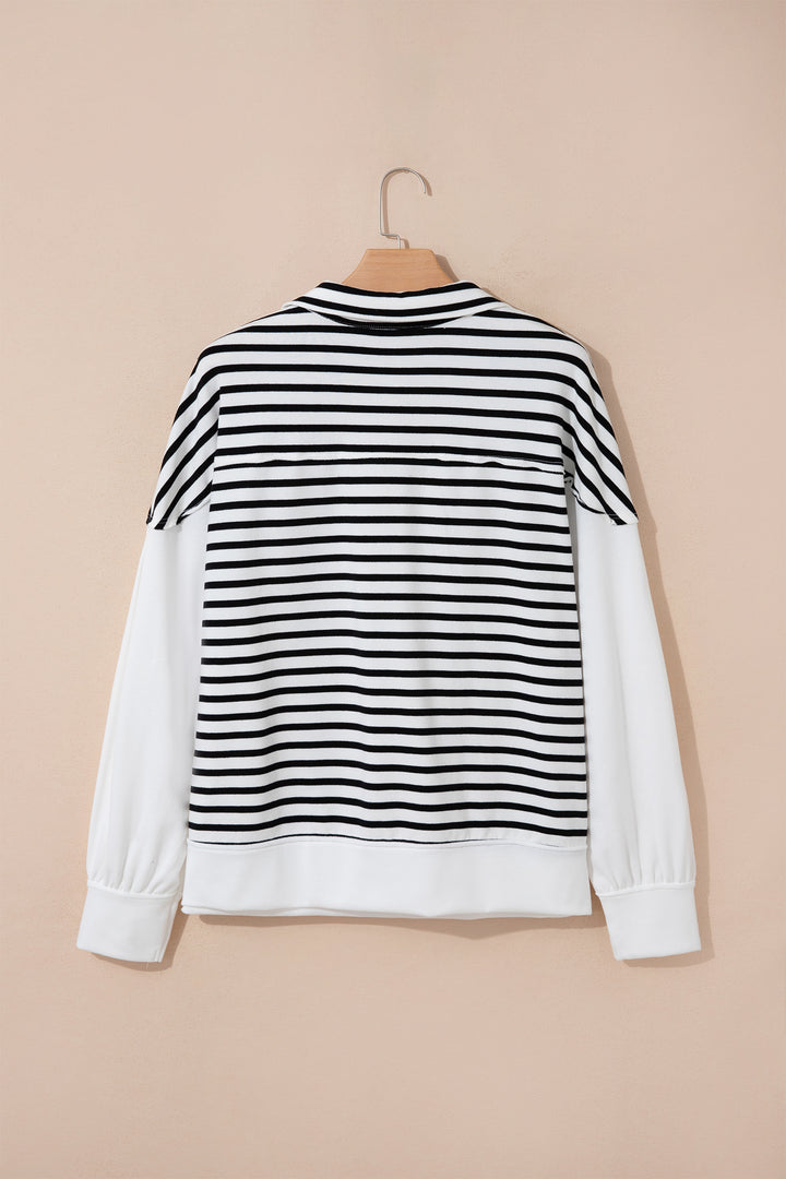 White Stripe Color Block Long Puff Sleeve Metal Zip-Up Collar Top