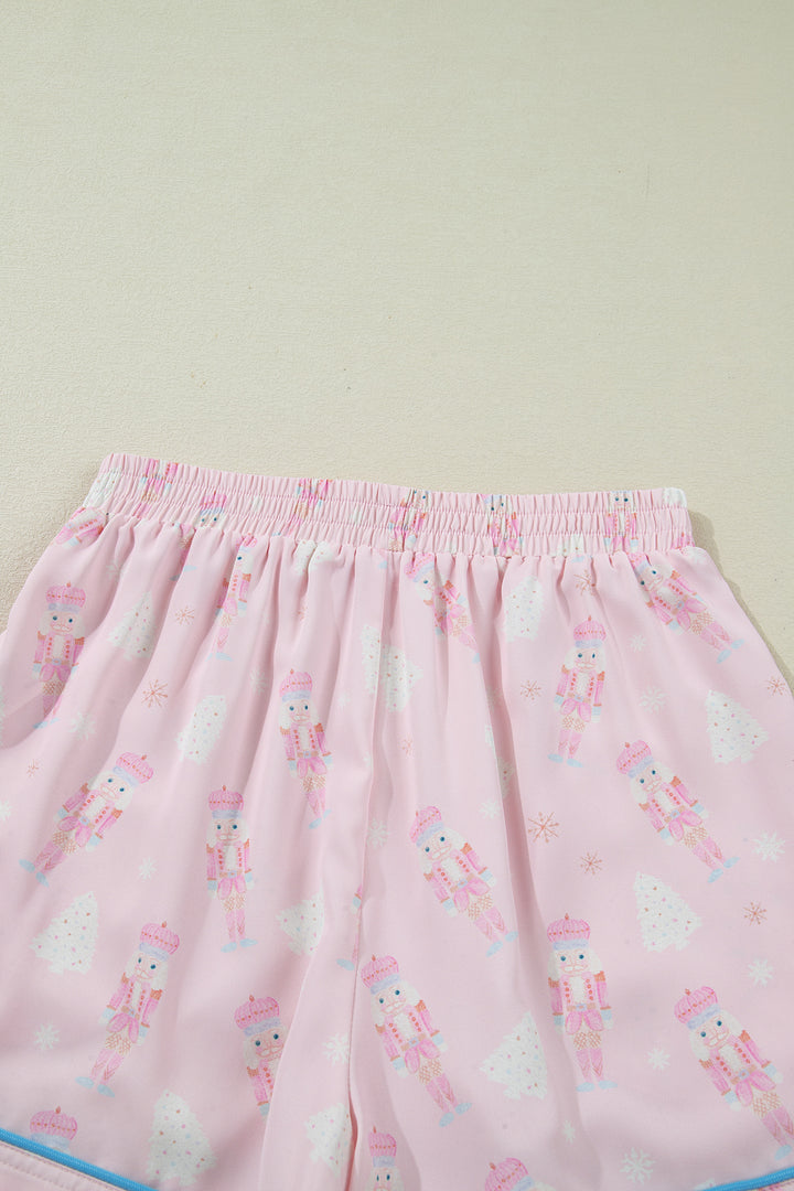 Pink Bow Tie Front Christmas Nutcracker Long Sleeve Shirt Shorts Pajama Set
