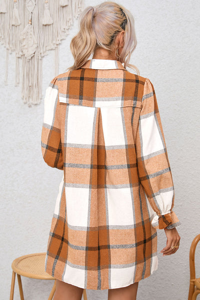 Elise Plaid Pattern Collared Neck Ruffled Sleeve Shirt Dress