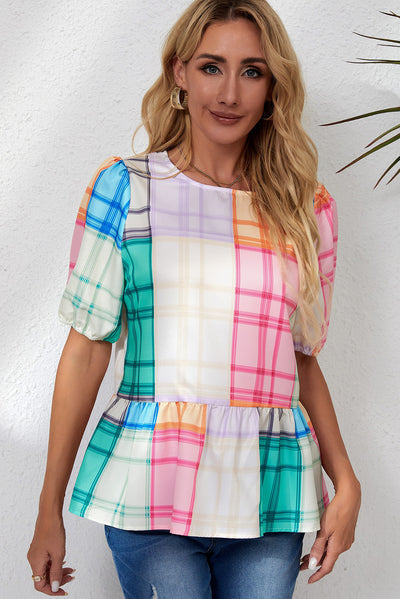 Multicolor Bold Plaid Color Block Puff Sleeve Peplum Top