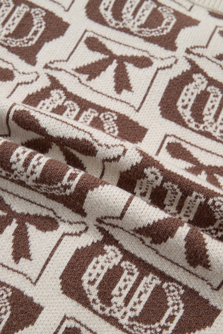Brown Western Horseshoe Bow Pattern Button Front Sleeveless Knit Sweater