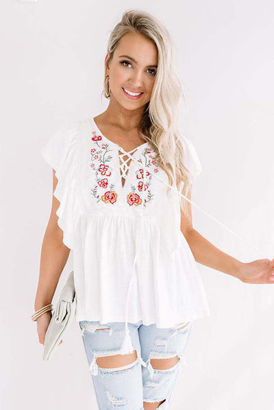 White Floral Embroidered Ruffled Lace-up V Neck Top