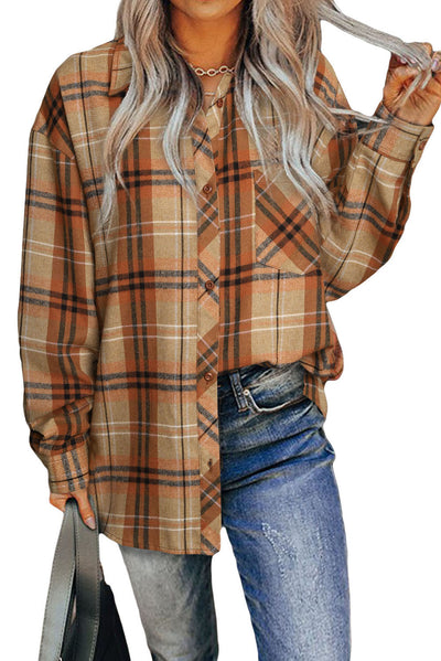 Orange Plaid Pocket Buttoned Long Sleeve Shirt