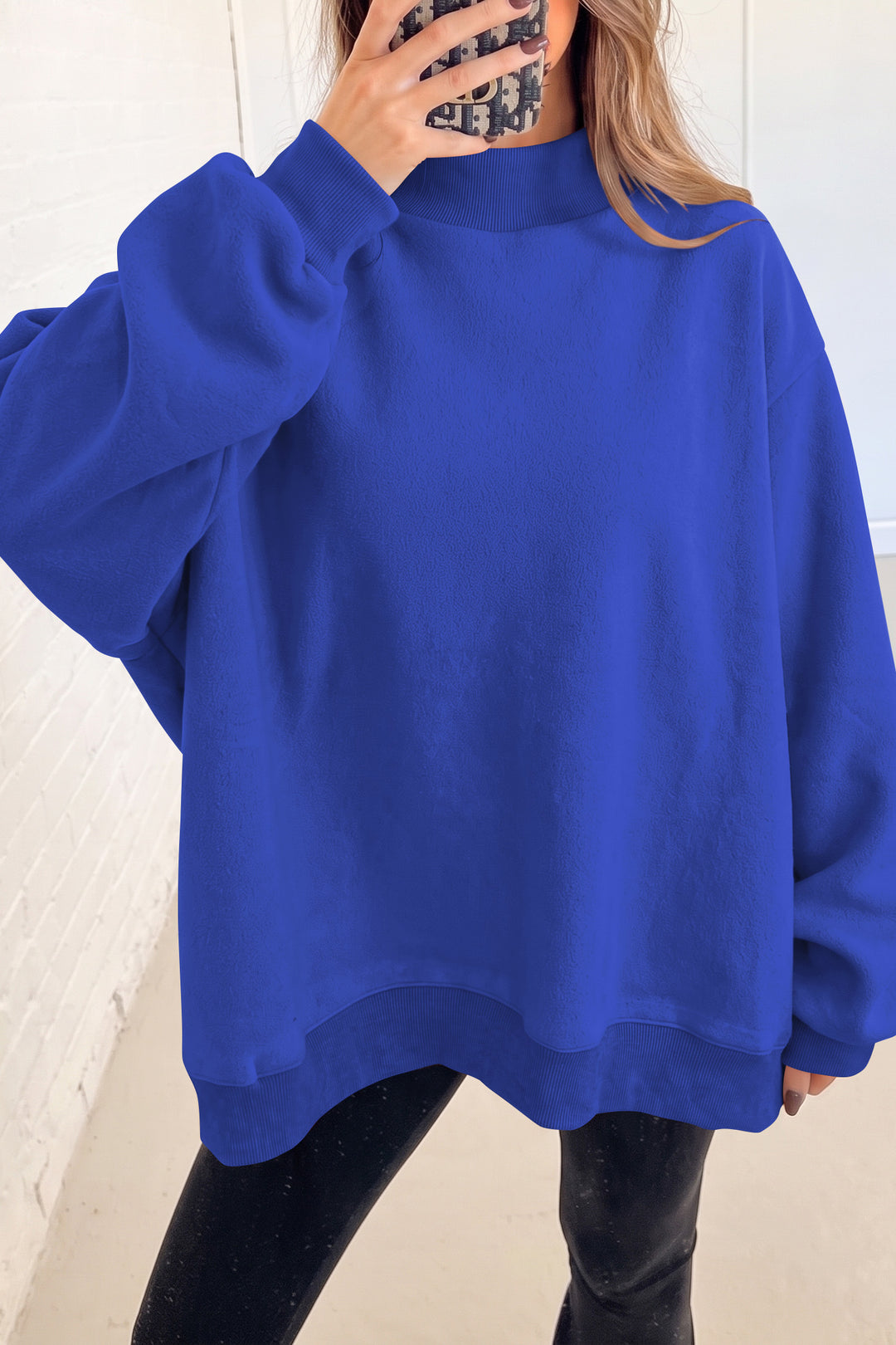 Black Oversize Drop Shoulder Reversible Mock Neck Sweatshirt