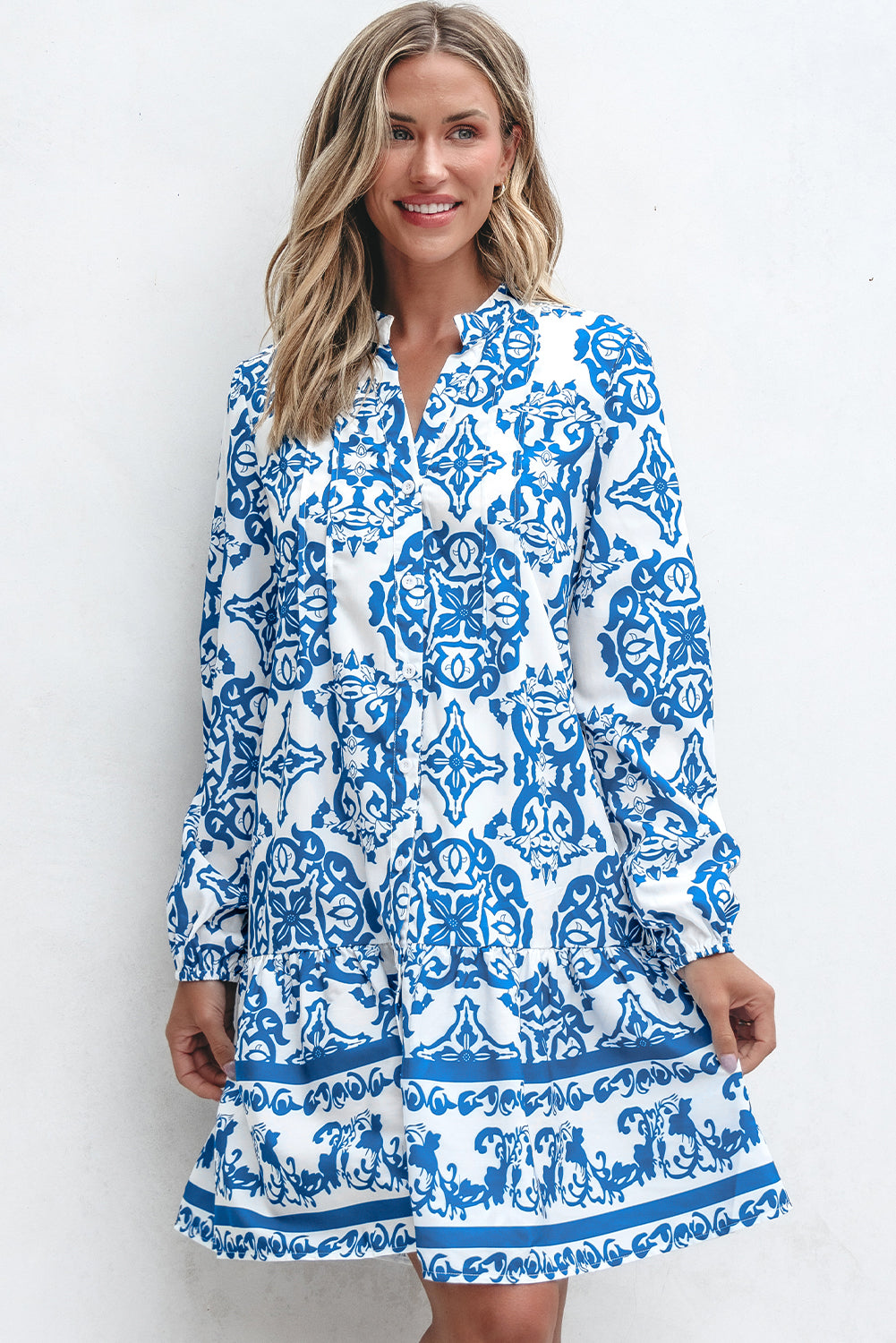 Sky Blue Tribal Print Button Up Notch Neck Loose Mini Dress