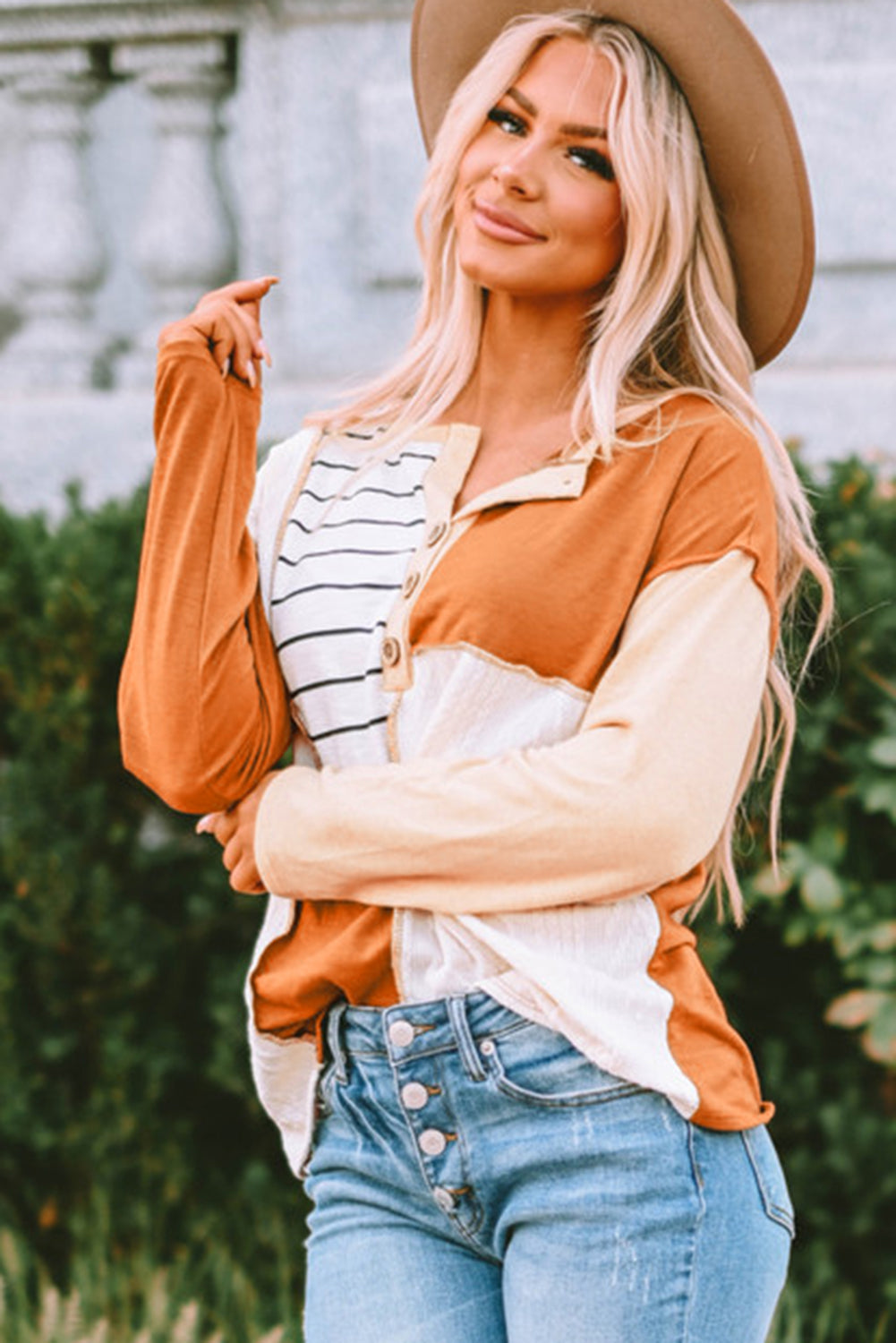 Orange Stripe Color Block Splicing Long Sleeve Henley Top