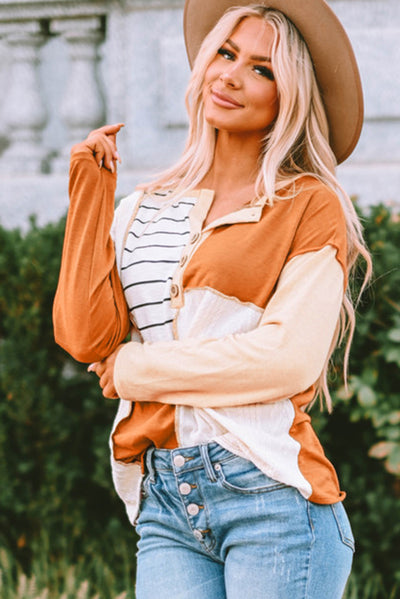 Orange Stripe Color Block Splicing Long Sleeve Henley Top