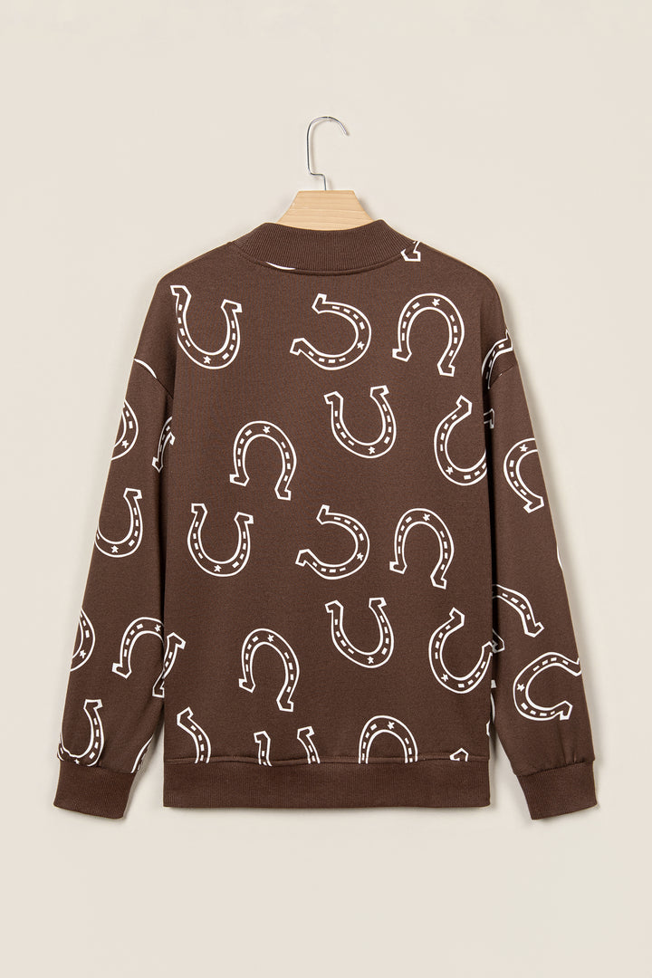 Blue Western Horseshoe Print Mock Neck Casual Pullover Sweatshirt