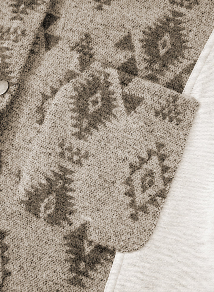 Gray Western Aztec Print Color Block Patchwork Drawstring Hooded Shacket