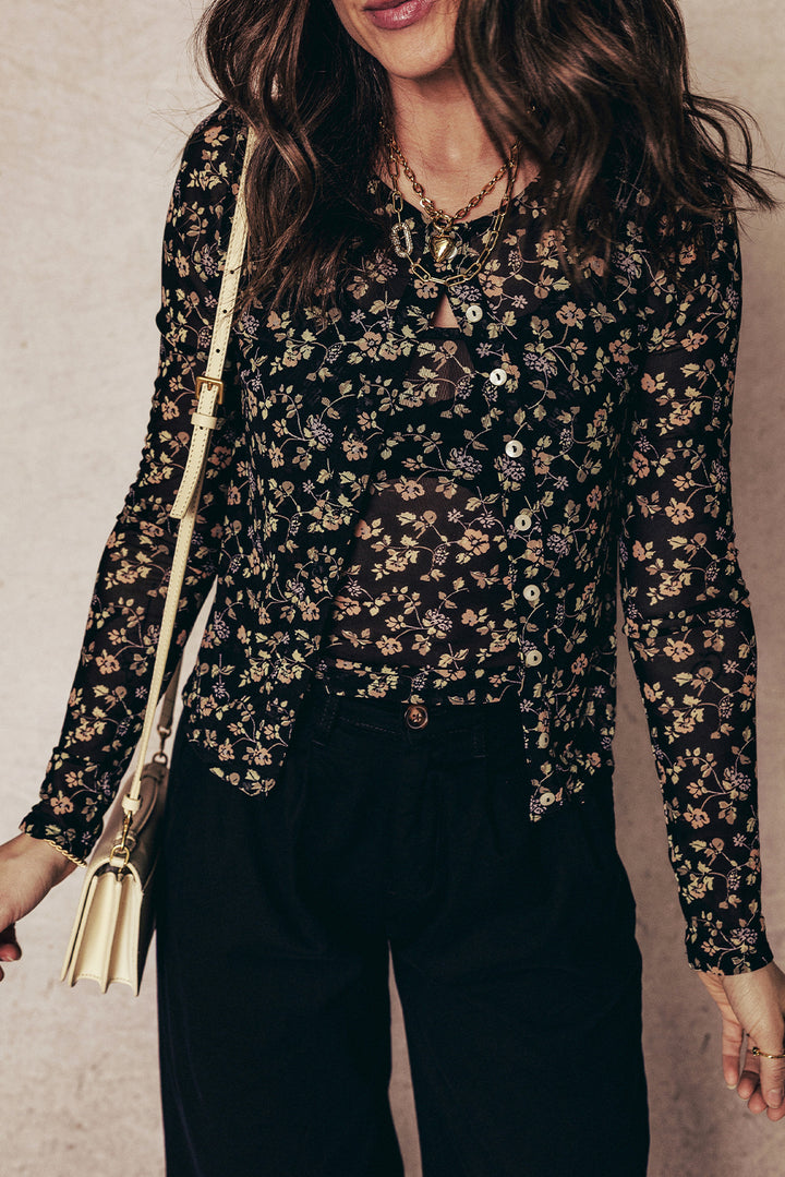 Black Floral Print Mesh Tank Button Front Slim Cardigan 2pcs Set