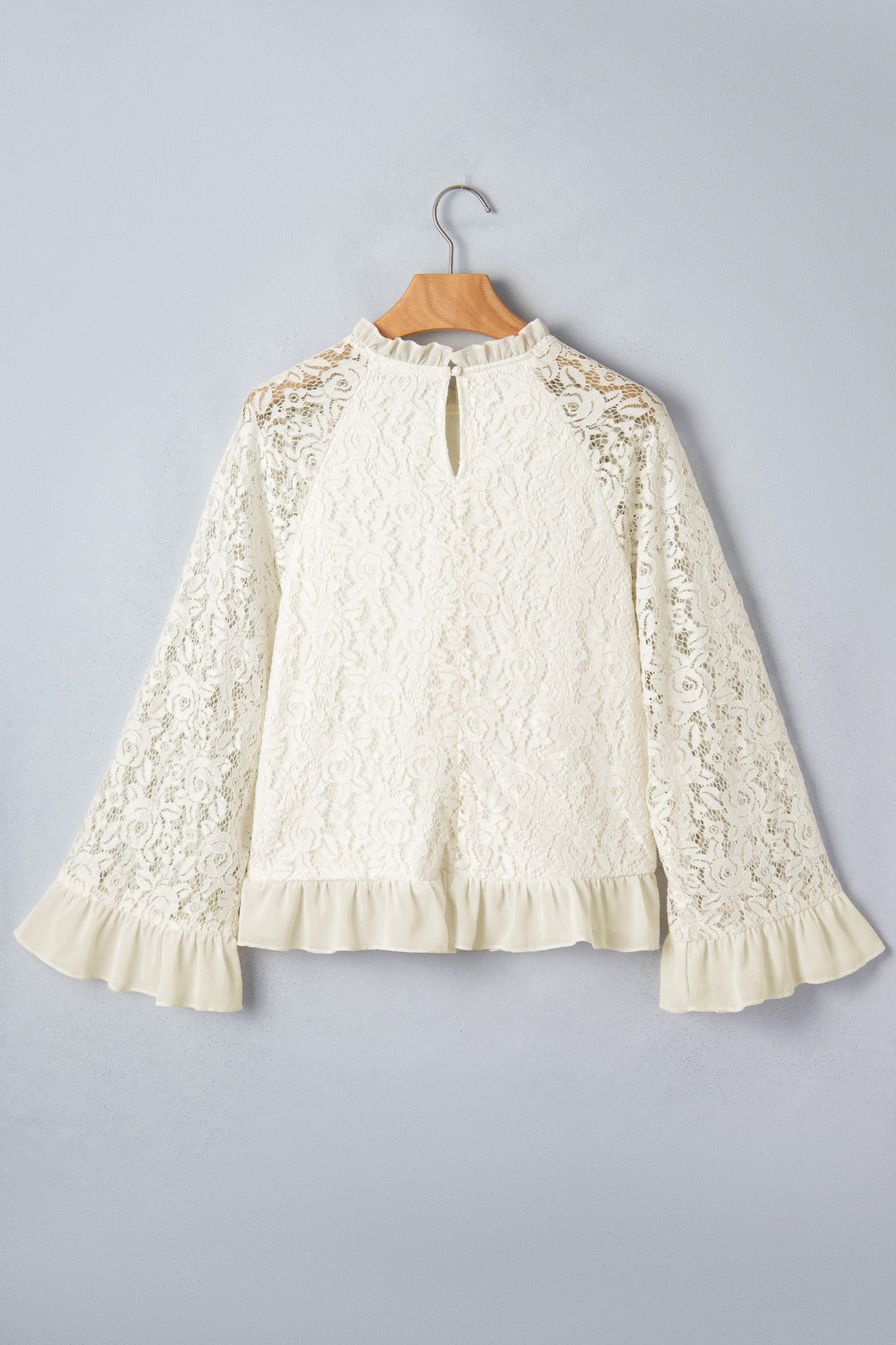 White Sheer Lace Long Sleeve Ruffle Trim Loose Blouse