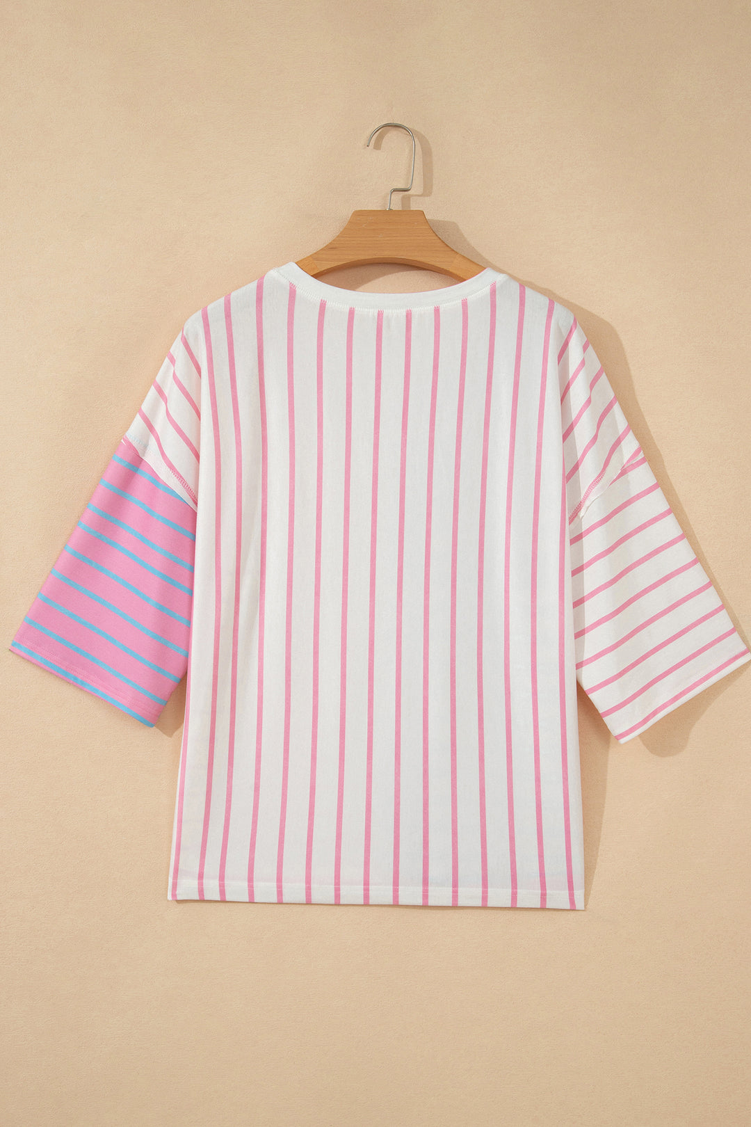 Green Stripe Colorblock 3/4 Sleeve Loose T Shirt