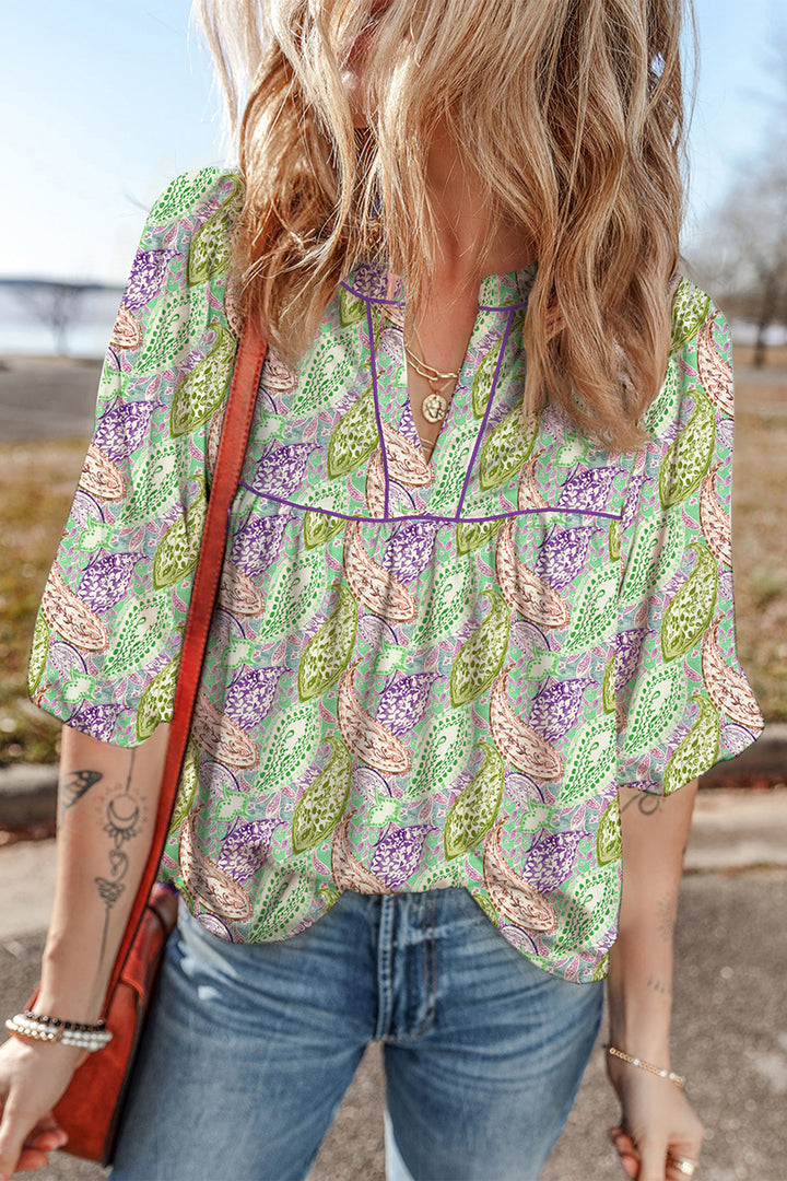 Green Boho Paisley Print Half Puff Sleeve Blouse