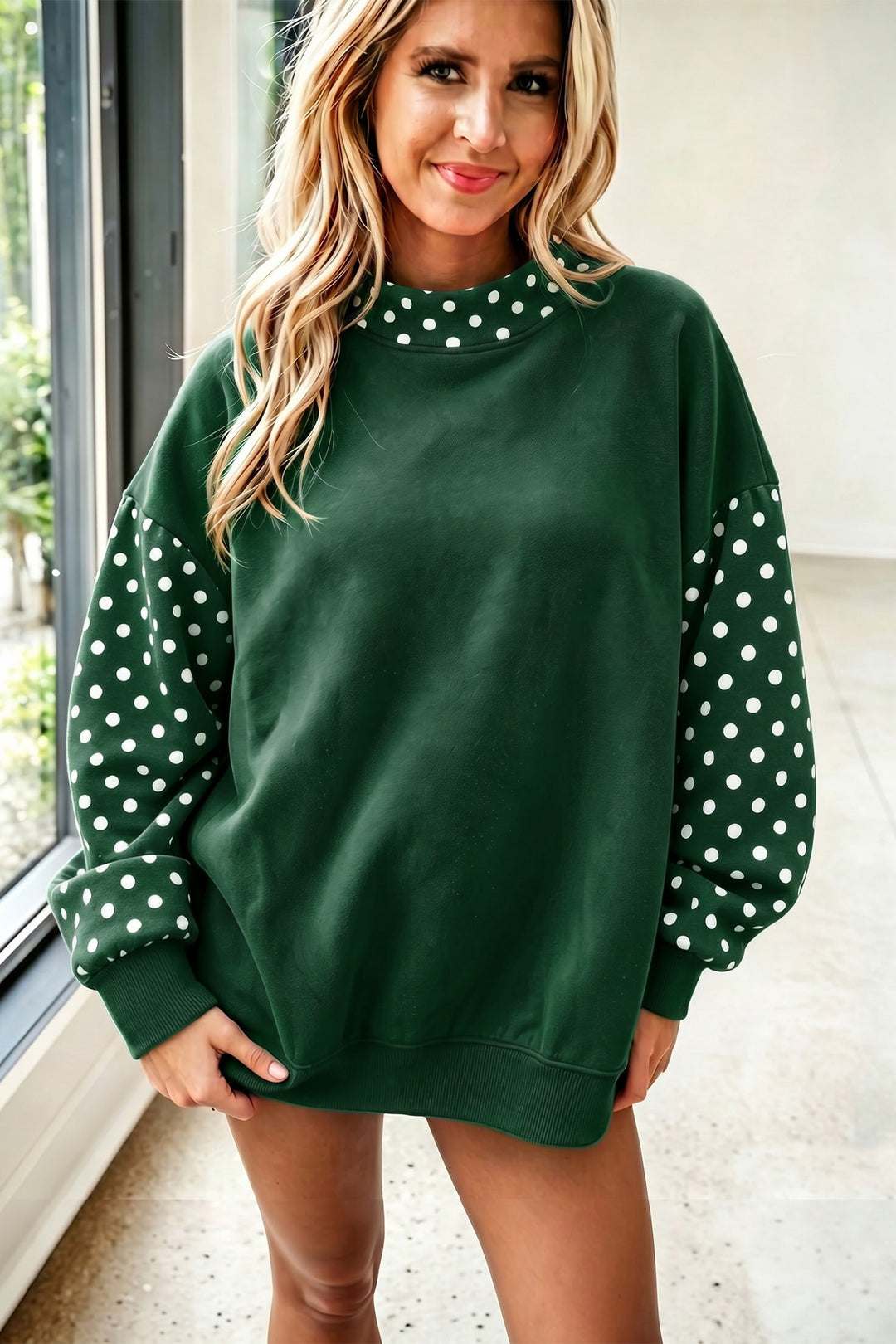 Orange Polka Dot Contrast Round Neck Long Sleeve Baggy Sweatshirt