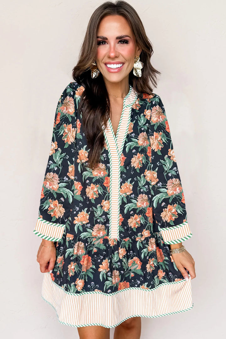 Blue Floral Print Striped Trim V Neck Long Sleeve Ruffle Hem Shift Mini Dress