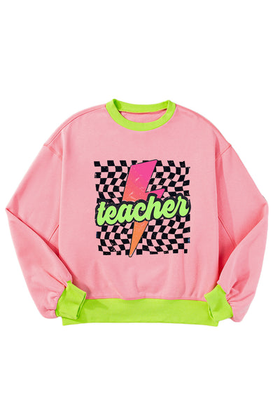 Pink Teacher Lightning Checkered Print Color Block Sweatshirt