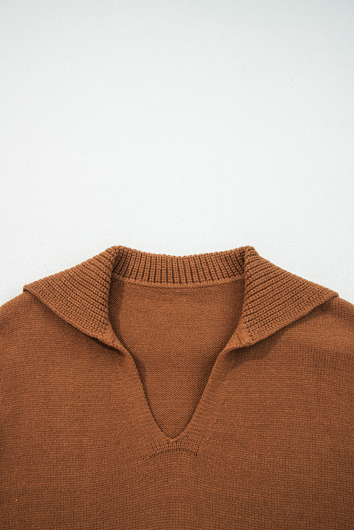 Chestnut Collared V Neck Ribbed Edge Sexy Elegant Sweater