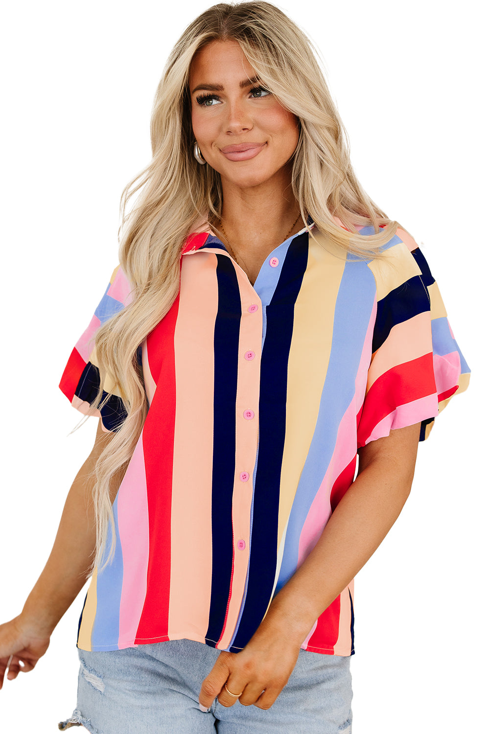 Multicolor Color Block Striped Puff Sleeve Buttoned Shirt