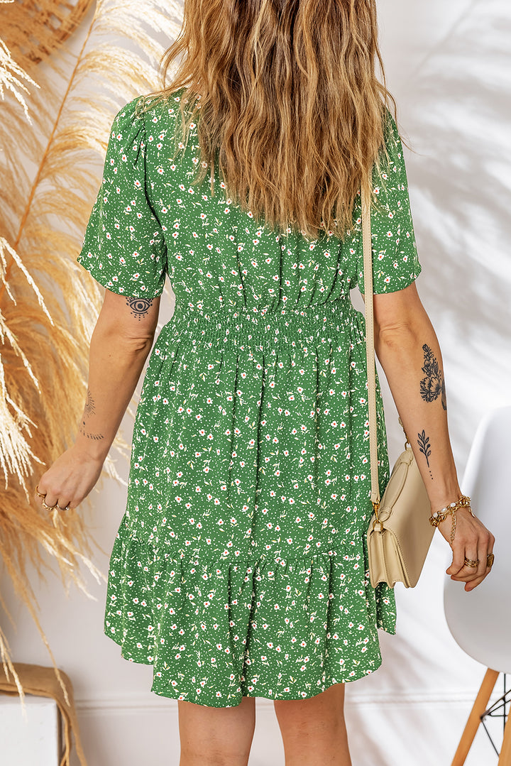 Black Floral Print Wrap V Neck Short Sleeve High Waistband Mini Dress