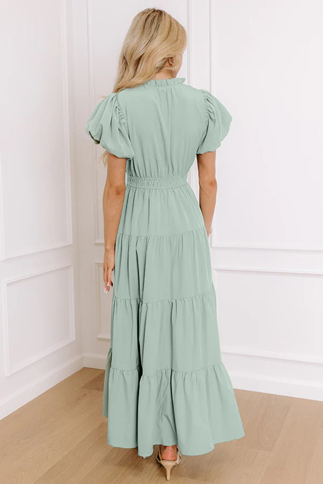 Clearly Aqua Solid Color V Neck Short Puff Sleeve High Waist Tiered Maxi Dress