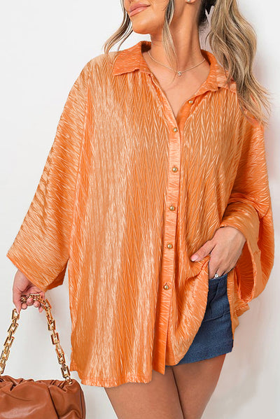 Grapefruit Orange Solid Color Crinkled Wide Sleeve Button up Shirt