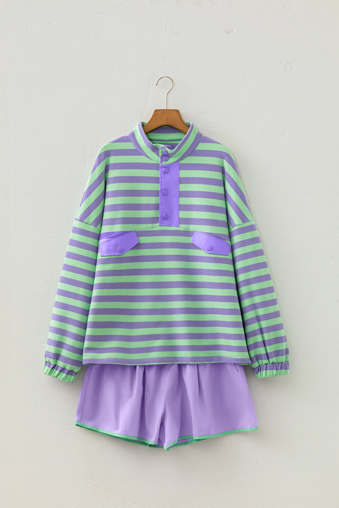 Purple Stripe Snap Button Long Sleeve Henley Top Contrast Shorts Two Piece Set