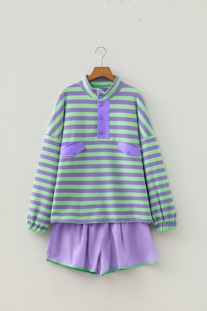 Purple Stripe Snap Button Long Sleeve Henley Top Contrast Shorts Two Piece Set