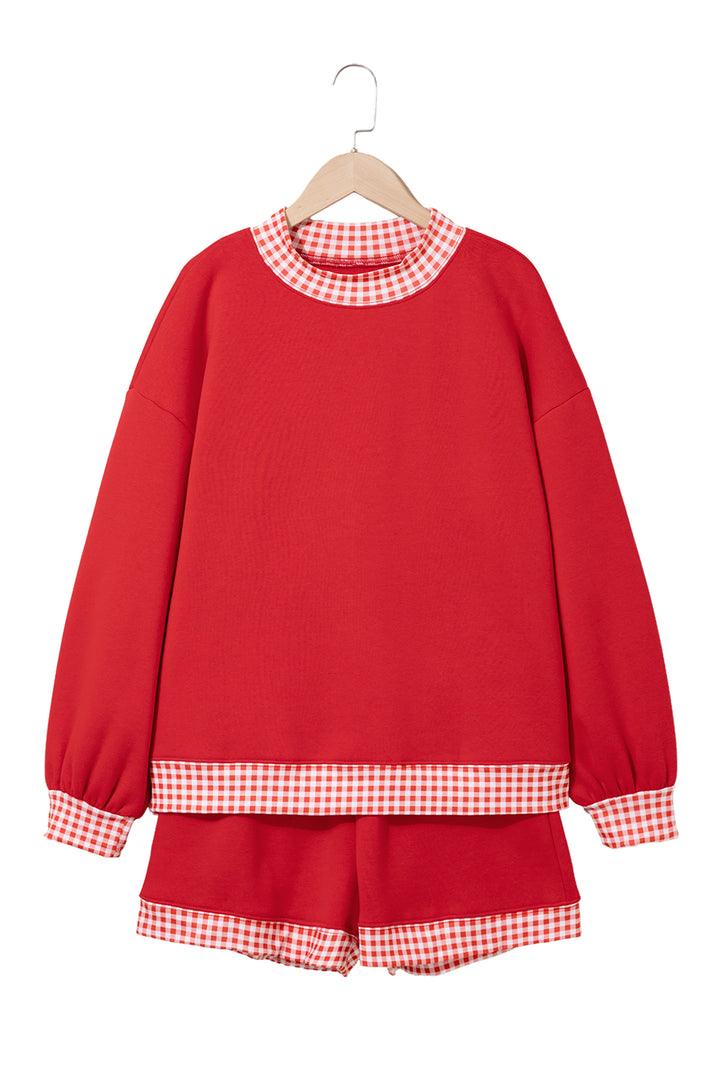 Fiery Red Gingham Trim Baggy Pullover 2pcs Short Set