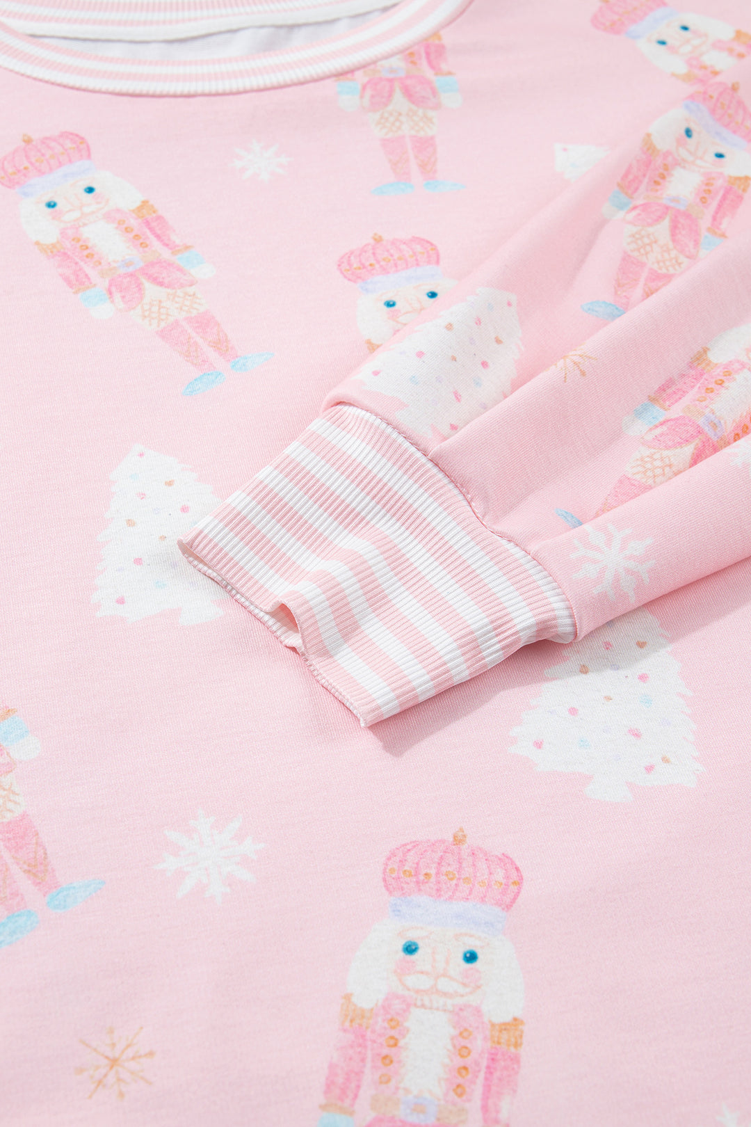 Pink Christmas Tree Nutcracker Doll Print Contrast Trim Long Sleeve Top Matching Shorts Set