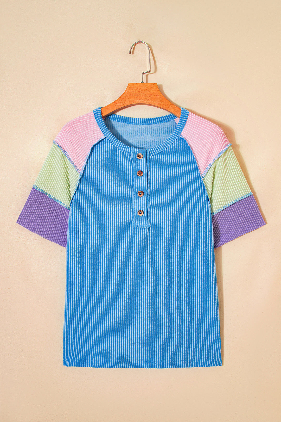 Blue Twisted Ribbed Color Block Patchwork Henley Short Sleeve T Shirt