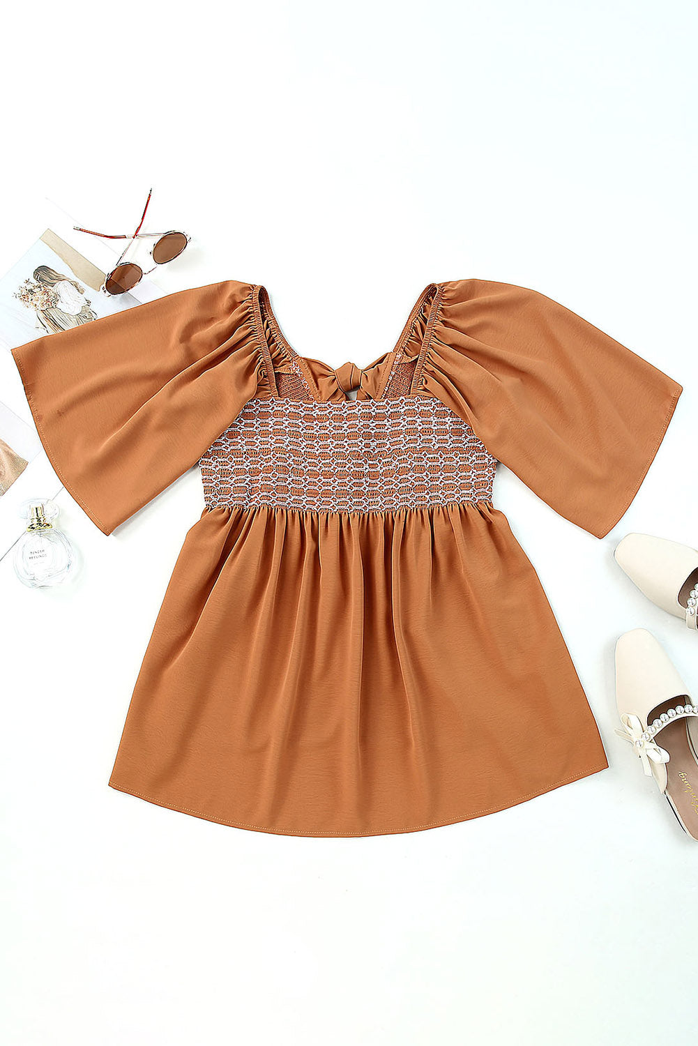 Brown Square Neck Wide Sleeves Flowy Top