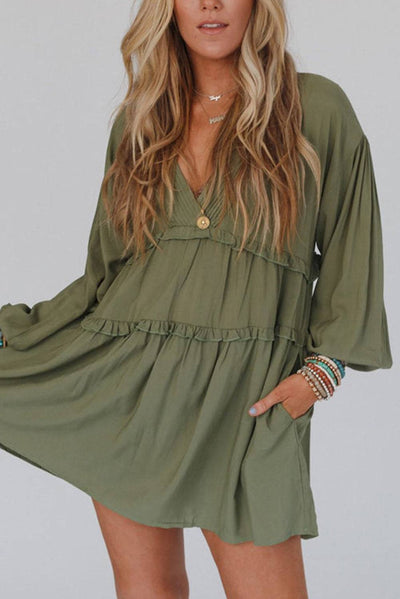 Green V Neck Puff Sleeve Frill Tiered Mini Dress