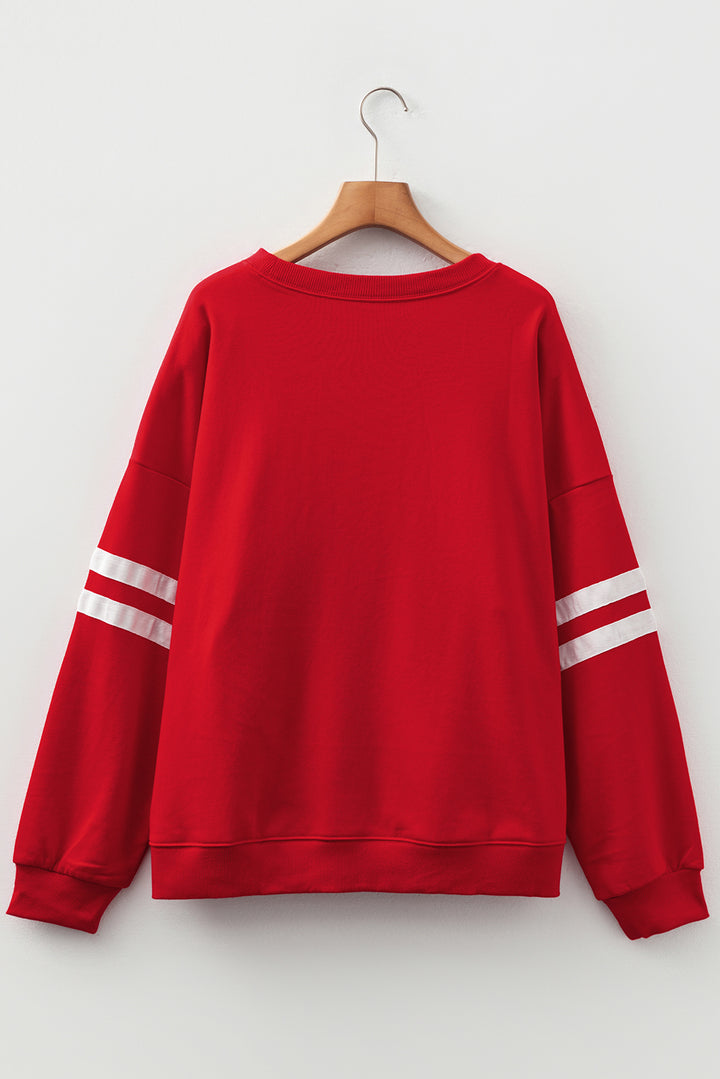 Fiery Red Varsity Striped Detail Crew Neck Plus Sweatshirt