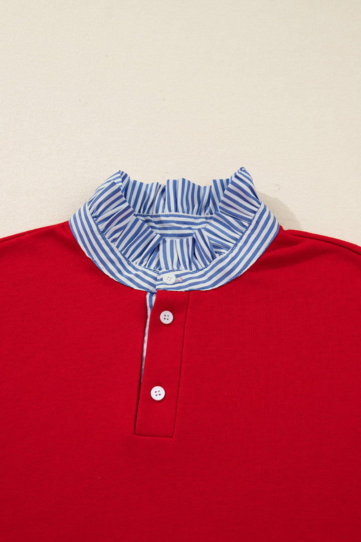 Racing Red Striped Collar Patchwork Satin Bow Sweatshirt and Shorts Set