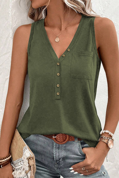 Jungle Green Half Button V Neck Patched Pocket Tank Top