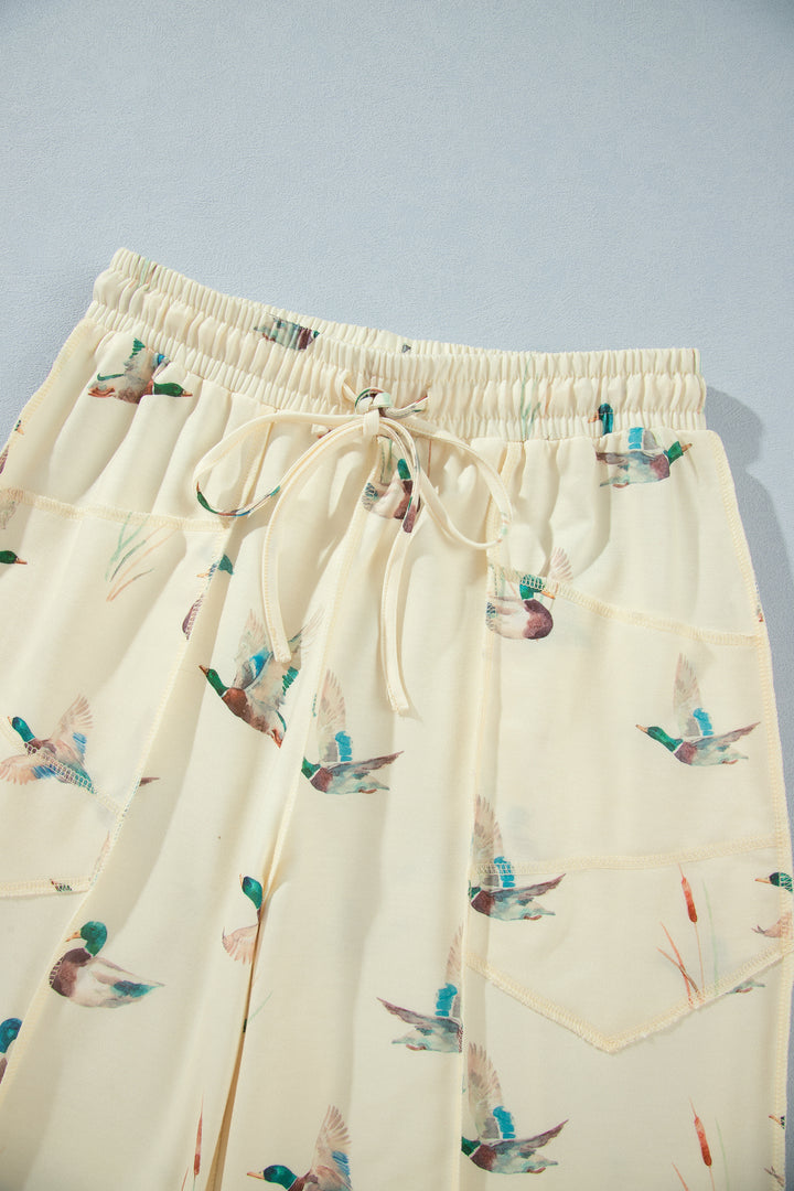 Beige Duck Print Short Sleeve Top Pocket Pants 2pcs Casual Set